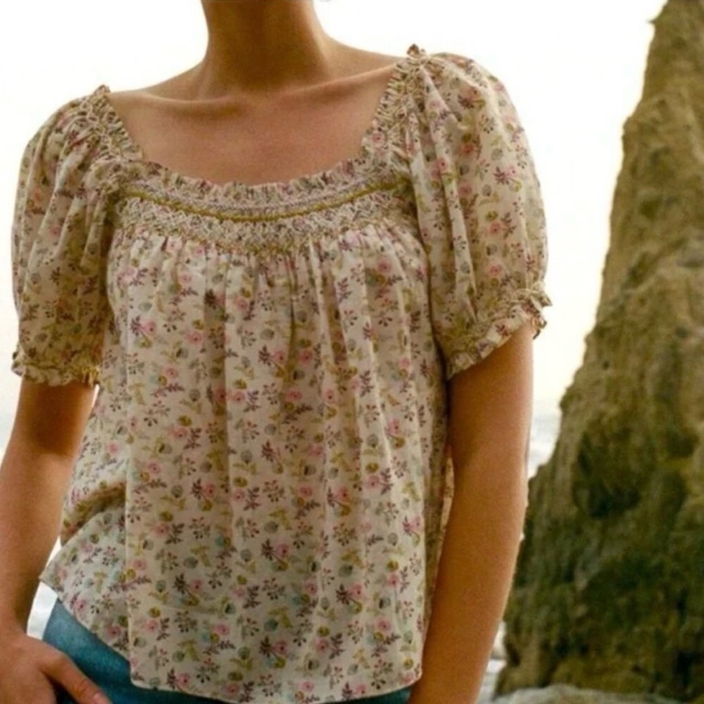 DOEN Portia Embroidered Puff Sleeve Top in Feathered Floral - Size Large